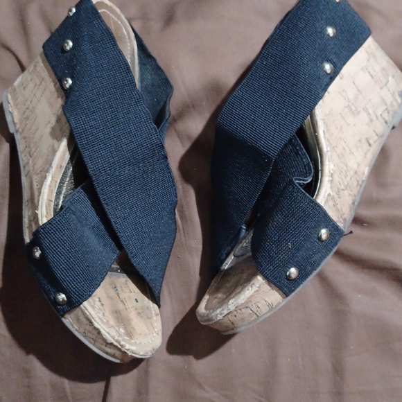 Madden Girl Shoes - Madden Girl Black and Tan Wedge Sandals